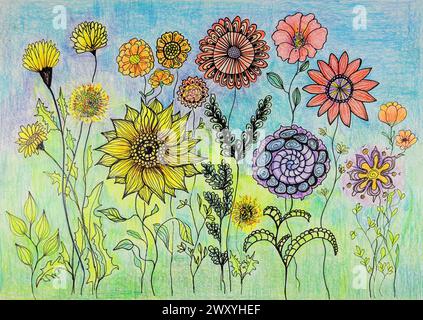 Giardino selvaggio con molti fiori stravaganti. La tecnica di taglio vicino ai bordi offre un effetto di messa a fuoco morbido a causa della rugosità alterata della superficie Foto Stock