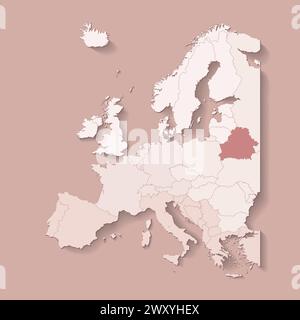 Illustrazione vettoriale con terra europea con confini di stati e paese contrassegnato Bielorussia. Mappa politica di colore marrone con occidentale, sud e così via Illustrazione Vettoriale