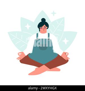 Illustrazione piatta vettoriale con loto, personaggio femminile in posa di meditazione. La donna è felice, sente armonia, ama l'hobby per coltivare piante, fiori a casa Illustrazione Vettoriale