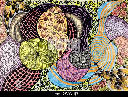 Scarabocchio neurografico con molti motivi colorati. La tecnica di taglio vicino ai bordi offre un effetto di messa a fuoco morbido a causa della rugosità alterata della superficie Foto Stock