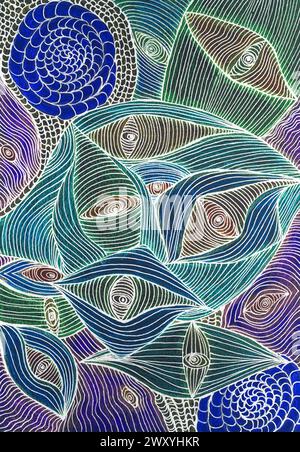 Grandi occhi blu ti stanno guardando. La tecnica di taglio vicino ai bordi offre un effetto di messa a fuoco morbido a causa della rugosità alterata della superficie della carta. Foto Stock