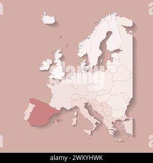 Illustrazione vettoriale con terra europea con confini di stati e paese contrassegnato Spagna. Mappa politica in colori marroni con l'occidentale, il sud e ecc. regi Illustrazione Vettoriale