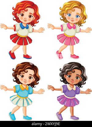 Quattro ragazze dei cartoni animati con diverse acconciature che ballano. Illustrazione Vettoriale