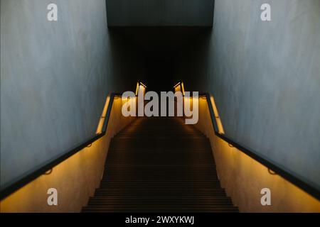 Scalinata con illuminazione ambientale che conduce verso l'alto, creando un'atmosfera misteriosa e architettonica Foto Stock