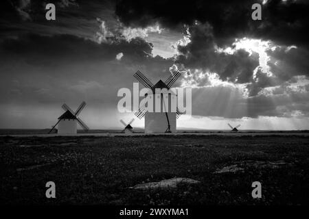 Paesaggio monocromatico caratterizzato da una fila di tradizionali mulini a vento sotto un cielo spettacolare con raggi di sole che penetrano attraverso le nuvole Foto Stock