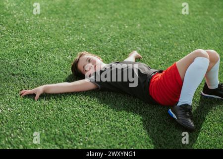 Un giocatore di calcio per bambini giace sull'erba, prendendo una pausa dalla partita, mostrando un momento di relax e svago su un campo sportivo Foto Stock
