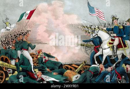 La battaglia di Buena Vista (22–23 febbraio 1847), nota come battaglia di la Angostura in Messico, e talvolta come battaglia di Buena Vista/la Angostura, fu una battaglia della guerra messicano-americana. Fu combattuta tra le forze statunitensi, in gran parte volontari,[1] sotto il generale Zachary Taylor, e l'esercito messicano molto più grande sotto il generale Antonio López de Santa Anna. Si è svolto nei pressi di Buena Vista, un villaggio nello stato di Coahuila, Foto Stock