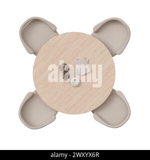 Vista dall'alto del tavolo da pranzo con tavolo in legno e sedie beige. Tavola rotonda isolata su sfondo bianco. Tagliare i mobili. Vista dall'alto. Posizione piatta Foto Stock