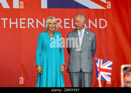 Bordeaux (Francia sud-occidentale), 22 settembre 2023: Visita del re Carlo III e della regina consorte Camilla durante il loro viaggio ufficiale in Francia. Portrai Foto Stock