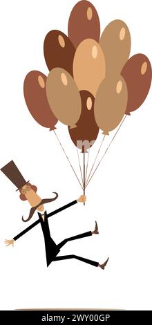 Un uomo comico con i baffi lunghi nel cappello che vola in volo in mongolfiera Illustrazione Vettoriale