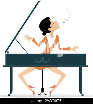 Pianista espressiva che suona il pianoforte e canta con grande ispirazione Illustrazione Vettoriale