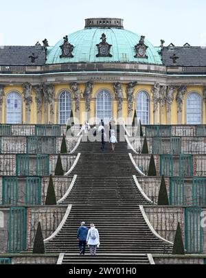 Potsdam, Germania. 3 aprile 2024. I visitatori salgono le scale per il Palazzo Sanssouci. Durante la tradizionale conferenza stampa annuale della Fondazione prussiana per i Palazzi e i Giardini Berlino-Brandeburgo (SPSG), il saldo dell'anno passato e i piani saranno presentati in mattinata. Crediti: Alina Schmidt/dpa/Alamy Live News Foto Stock