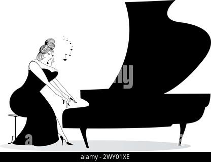 Cartoni animati elegante pianista curvy che suona il pianoforte e canta con grande ispirazione. Illustrazione in bianco e nero Illustrazione Vettoriale