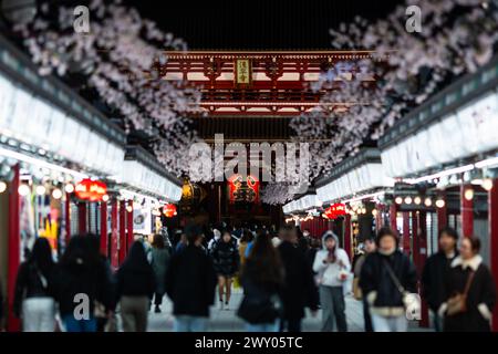 Tokyo, Giappone - febbraio 29 2024: La gente cammina lungo la via Nakamise-dori verso il tempio buddhista senso-Ji nell'area di Asakusa di Tokyo in Giappone. Foto Stock