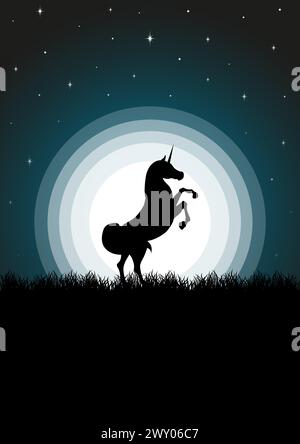 Magica silhouette di unicorno in piedi nel prato al crepuscolo primaverile. Magico paesaggio nebbioso, luna piena e illustrazione di cavalli. Arte minimalista moderna della metà del secolo Illustrazione Vettoriale