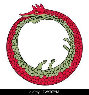 Ouroboros o uroboros, un antico simbolo per il rinnovamento ciclico eterno o un ciclo di vita, morte e rinascita. Un serpente o un drago che mangiano la propria coda. Foto Stock