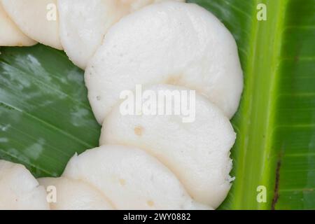 Prelibatezze idli al vapore presentate su una vibrante foglia di banana. Foto Stock