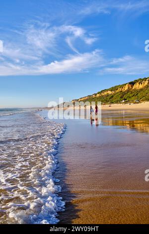 Spiagge tranquille lungo il paesaggio protetto delle scogliere fossili di Costa de Caparica. Fonte da Telha, Almada. Portogallo Foto Stock