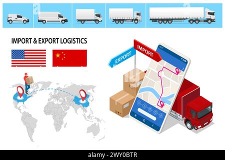 Isometric Shipping, Logistic Systems, Cargo Transport. Trasporto di camion merci, consegna, scatole. Consegna rapida o trasporto logistico. Consegna e. Illustrazione Vettoriale