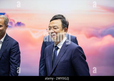 Wang Chuanfu, fondatore e presidente di BYD, alla conferenza stampa di BYD Auto Company Limited alla fiera automobilistica IAA Mobility il 4 settembre 2023 a Monaco di Baviera, in Germania. (Foto di Alexander Pohl/Sipa USA) Foto Stock