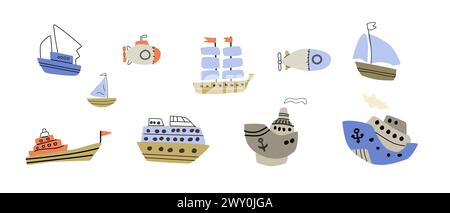 Set di navi e barche per bambini disegnate a mano e sottomarini. Illustrazione vettoriale isolata. Può essere utilizzato per striscioni, poster, saluto CA Illustrazione Vettoriale