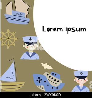 Simpatico sfondo marino con nave e altri elementi nautici. Può essere utilizzato per l'invito alla doccia del bambino e per il biglietto d'auguri. Illustrazione Vettoriale