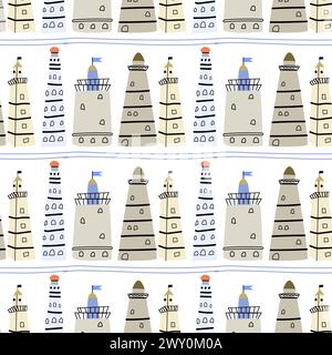 Simpatico motivo marino per bambini con faro per edifici. Stampa mare vettoriale senza cuciture per tessuti, tessuti e vivai. Illustrazione vettoriale. Illustrazione Vettoriale