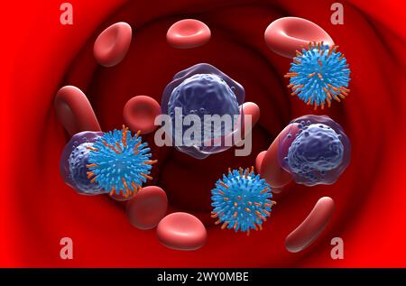 Terapia con cellule T di CAR nella leucemia mieloide acuta (AML) - Vista in sezione illustrazione 3d. Foto Stock