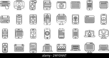 App per le icone mestruazioni imposta il vettore di contorno. Tracker periodo. Salute delle donne Illustrazione Vettoriale