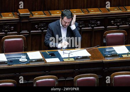 Roma, Italia. 3 aprile 2024. Il ministro dei trasporti Matteo Salvini alla camera dei deputati durante il tempo delle interrogazioni. Roma, Mercoled&#xec;, 3 aprile 2024 (foto Roberto Monaldo/LaPresse) Ministro dei trasporti Matteo Salvini alla camera dei deputati durante il tempo delle interrogazioni. Roma, mercoledì 3 aprile 2024 (foto di Roberto Monaldo/LaPresse) credito: LaPresse/Alamy Live News Foto Stock