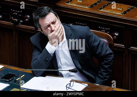 Roma, Italia. 3 aprile 2024. Il ministro dei trasporti Matteo Salvini alla camera dei deputati durante il tempo delle interrogazioni. Roma, Mercoled&#xec;, 3 aprile 2024 (foto Roberto Monaldo/LaPresse) Ministro dei trasporti Matteo Salvini alla camera dei deputati durante il tempo delle interrogazioni. Roma, mercoledì 3 aprile 2024 (foto di Roberto Monaldo/LaPresse) credito: LaPresse/Alamy Live News Foto Stock