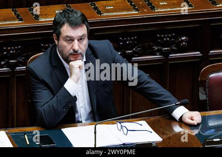 Roma, Italia. 3 aprile 2024. Il ministro dei trasporti Matteo Salvini alla camera dei deputati durante il tempo delle interrogazioni. Roma, Mercoled&#xec;, 3 aprile 2024 (foto Roberto Monaldo/LaPresse) Ministro dei trasporti Matteo Salvini alla camera dei deputati durante il tempo delle interrogazioni. Roma, mercoledì 3 aprile 2024 (foto di Roberto Monaldo/LaPresse) credito: LaPresse/Alamy Live News Foto Stock