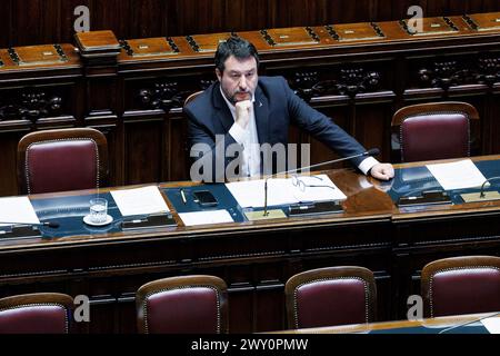 Roma, Italia. 3 aprile 2024. Il ministro dei trasporti Matteo Salvini alla camera dei deputati durante il tempo delle interrogazioni. Roma, Mercoled&#xec;, 3 aprile 2024 (foto Roberto Monaldo/LaPresse) Ministro dei trasporti Matteo Salvini alla camera dei deputati durante il tempo delle interrogazioni. Roma, mercoledì 3 aprile 2024 (foto di Roberto Monaldo/LaPresse) credito: LaPresse/Alamy Live News Foto Stock