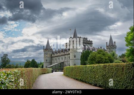 Inveraray Castle, escursioni, giardini e vista panoramica su Argyll e Bute, West Highlands of Scotland, Regno Unito Foto Stock