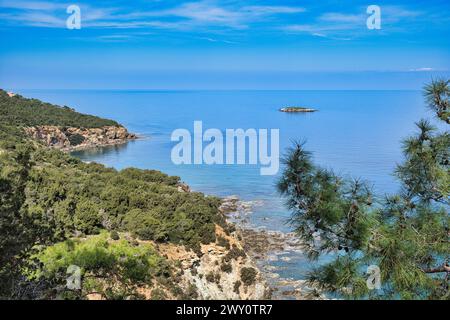 Scogliere ripide e boscose e il blu azzurro del Mediterraneo sulla costa settentrionale della penisola di Akamas, Paphos, Cipro. In lontananza, St George's Island Foto Stock