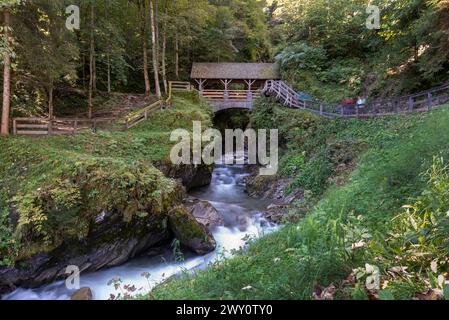 Immergiti nella bellezza mozzafiato della natura con questa incredibile fotografia a lunga esposizione di un ruscello di montagna che attraversa aspre... Foto Stock