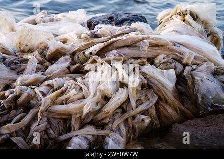 Vista ravvicinata dei rifiuti di plastica accumulati lungo la linea costiera Foto Stock