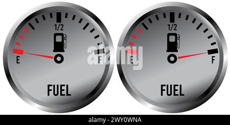 Indicatore di livello del carburante metallico sul cruscotto dell'auto che mostra aghi vuoti e pieni Illustrazione Vettoriale
