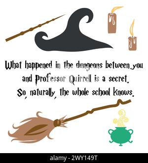 Poster di scuola magica, citazione da un libro su un mago ragazzo. Illustrazione Vettoriale