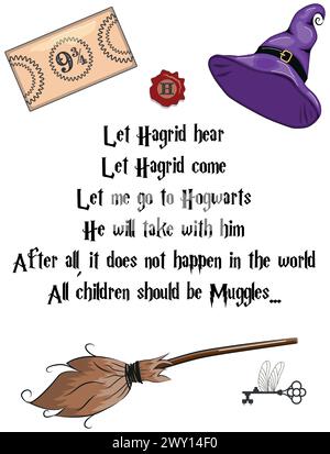 Poster di scuola magica, citazione da un libro su un mago ragazzo. Illustrazione Vettoriale