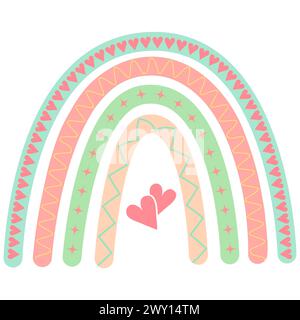 Adorabile arcobaleno boho con cuori, illustrazione vettoriale. Elemento di design infantile in colori pastello per cartolina di San Valentino, biglietto d'auguri, poster, Illustrazione Vettoriale