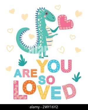 Amo mia mamma. Illustrazione scandinava disegnata a mano con dinosauro, drago. Poster per bambini, poster, pigiami. Illustrazione Vettoriale