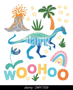 L'avventura ha inizio. Illustrazione scandinava disegnata a mano con dinosauro, drago. Poster per bambini, poster, pigiami. Illustrazione Vettoriale