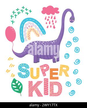Super star, super ragazzo. Illustrazione scandinava disegnata a mano con dinosauro, drago. Poster per bambini, poster, pigiami. Illustrazione Vettoriale