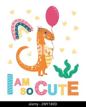 Illustrazione scandinava disegnata a mano con dinosauro, drago. Poster per bambini, poster, pigiami. Illustrazione Vettoriale