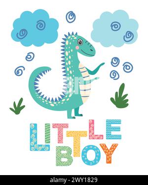 Illustrazione scandinava disegnata a mano con dinosauro, drago. Poster per bambini, poster, pigiami. Illustrazione Vettoriale