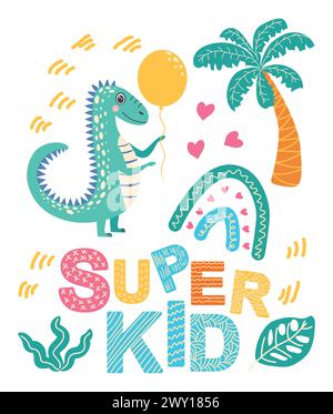 Super star, super ragazzo. Illustrazione scandinava disegnata a mano con dinosauro, drago. Poster per bambini, poster, pigiami. Illustrazione Vettoriale