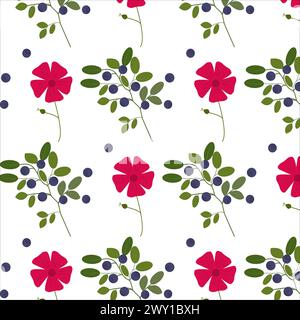 Motivo di mirtilli. Mirtilli con foglie e ramificati su sfondo bianco. Illustrazione vettoriale. Illustrazione Vettoriale