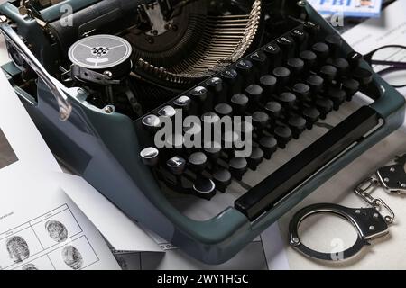 Macchina da scrivere retrò, manette e fascicoli criminali, primo piano Foto Stock