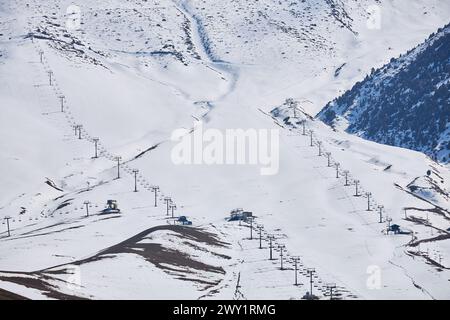 Pista sciistica vuota con quattro seggiovie, vista dall'alto, aerea. Sport invernali, sci, snowboard. Luogo di svago, Kirghizistan res Foto Stock